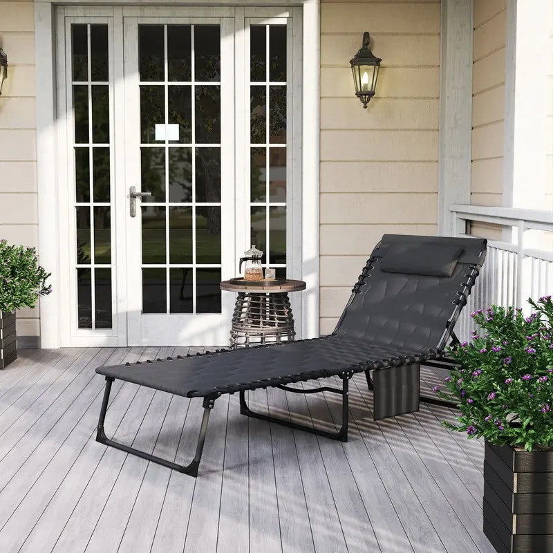 Reclining Padded Folding Sun Lounger Adjustable 5-Position Black Chair