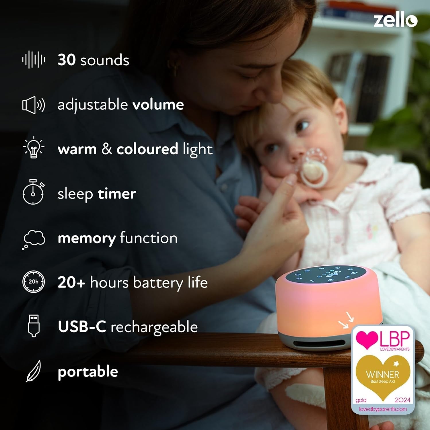 Iridescent Gem Noise Machine for Baby & Adult | 30 Soothing Sounds, Night Light