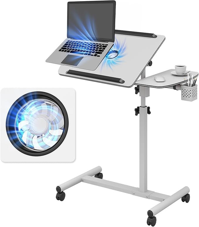 Height Adjustable Rolling Laptop Desk Overbed Table with Cooling Fan
