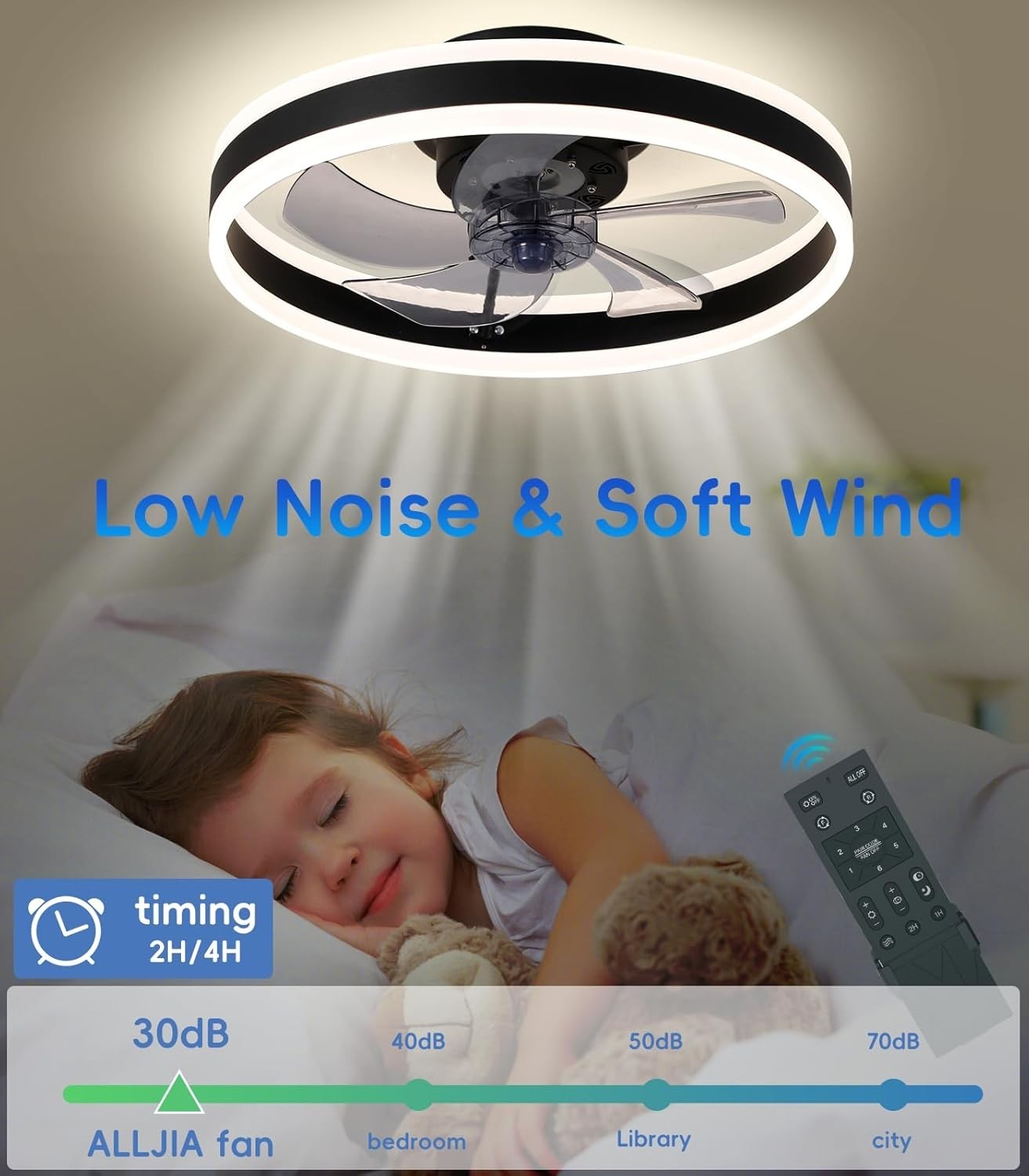 50cm Smart Ceiling Fan Light, 6 Speeds, Dimmable, Reversible LED, Quiet Black
