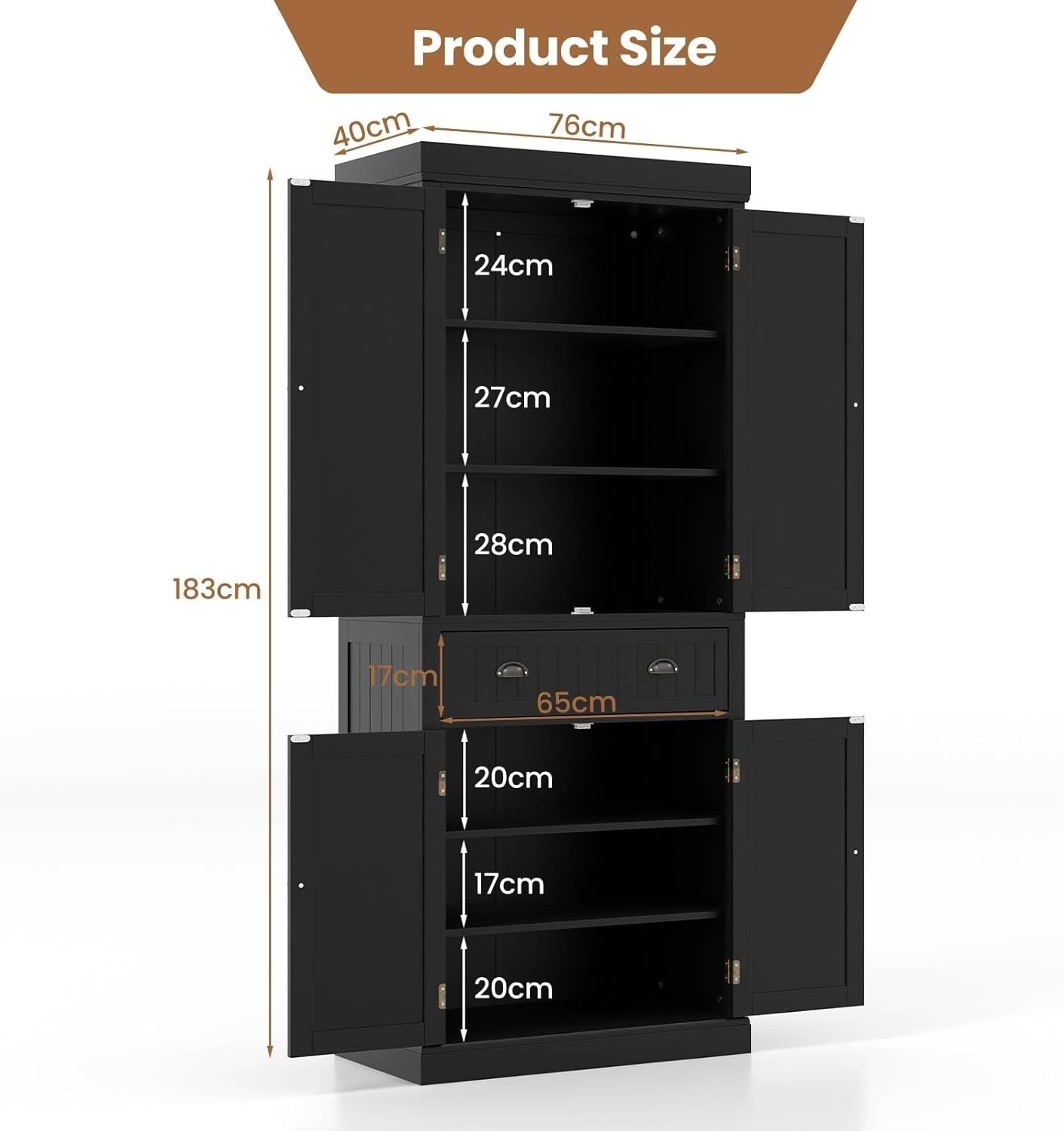 Black Tall Kitchen Cupboard 183cm Pantry Storage Cabinet Drawer Shelves