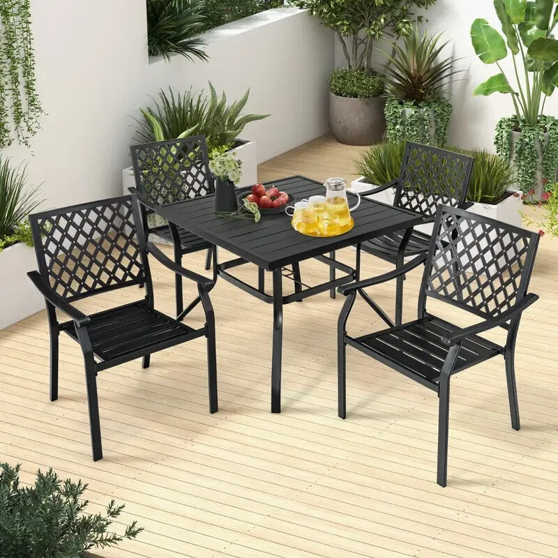 5-Piece Metal Patio Dining Set – Stackable Chairs & Slatted Table w/ Umbrella Ho