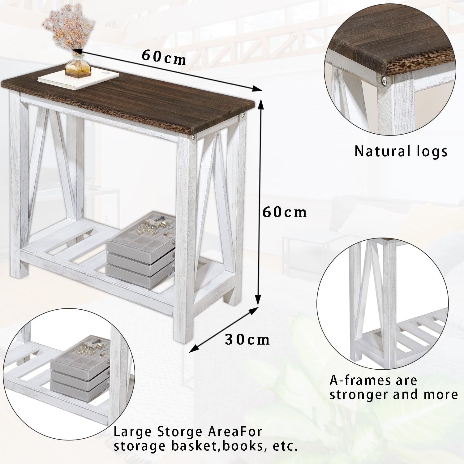 Rustic Brown & White Farmhouse End Table with Storage Shelf, Space-Saving