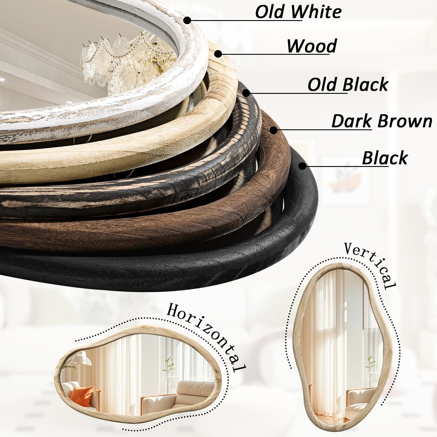 Irregular Wood Wall Mirror 85x55cm Asymmetrical Modern Bathroom Decor