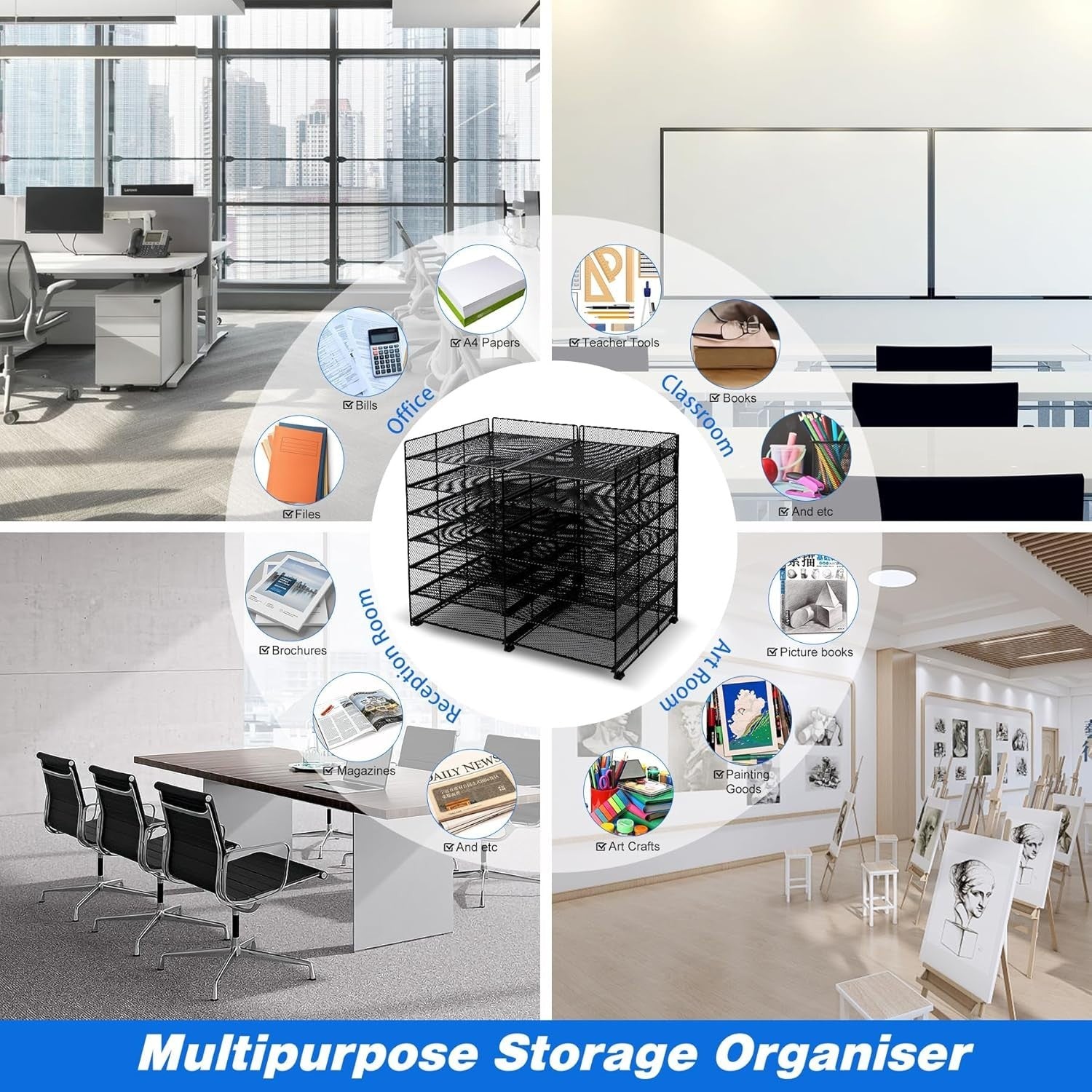 7-Tier Adjustable Mesh Desk Organiser, 12 Compartment File & Letter Tray Rack, B