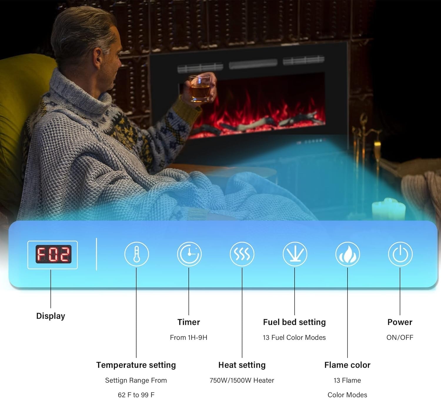 Electric Wall Fireplace 36" Heater LED Flames Remote 1500W Timer Black