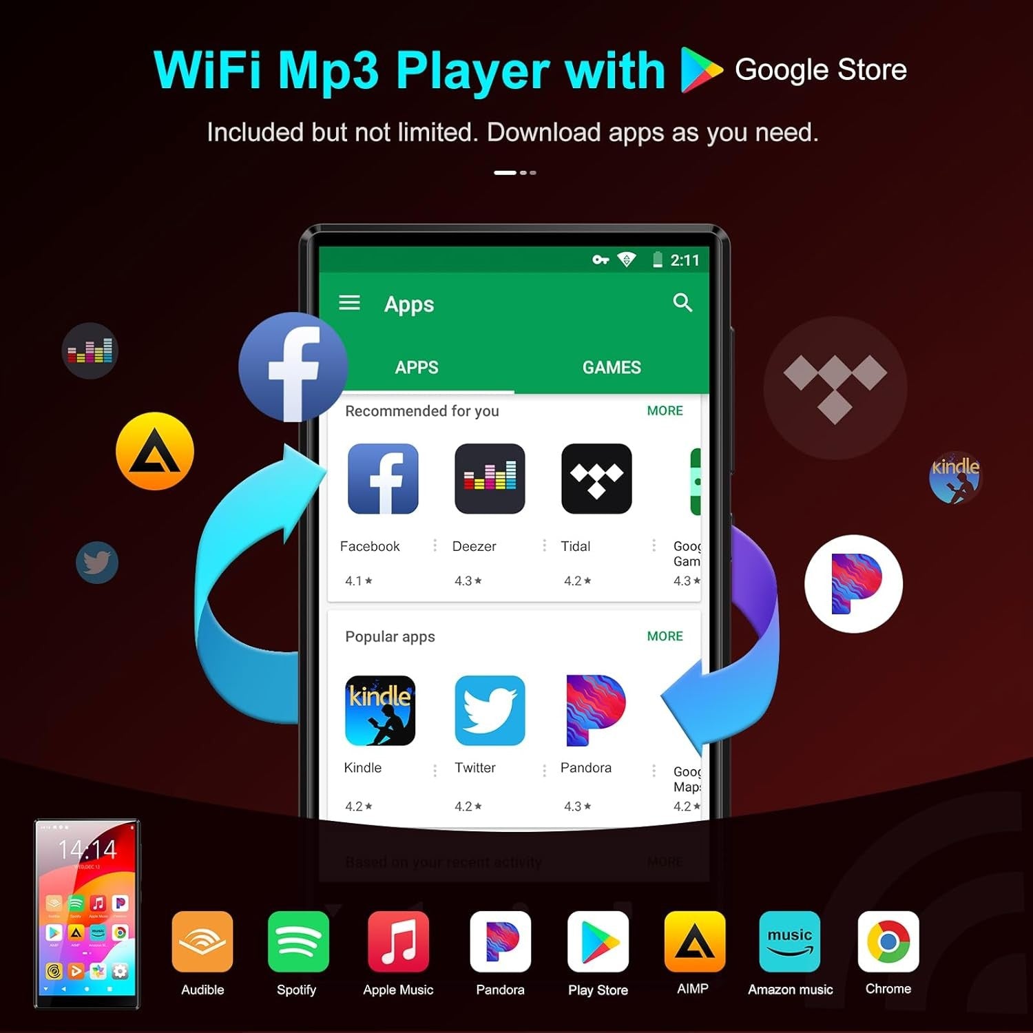 80GB MP3 Player WiFi Bluetooth 1080P FM Radio 512GB Black