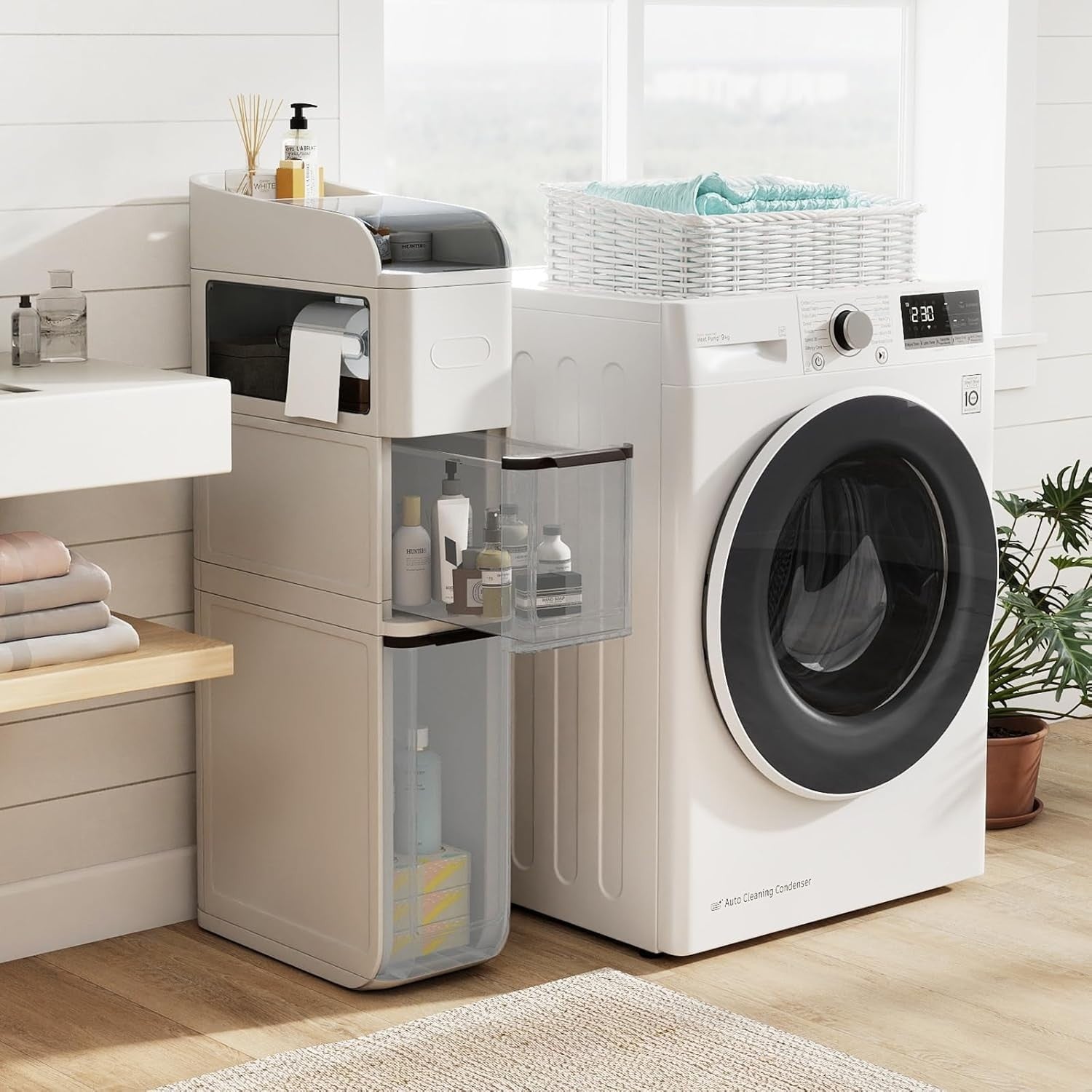 Slim Bathroom Storage Cabinet Rolling Organizer with Drawers White