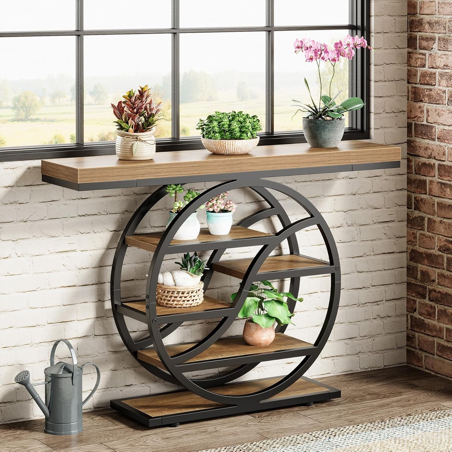 Industrial Console Table with Circle Base, 5-Tier Shelf, Narrow Entryway Decor
