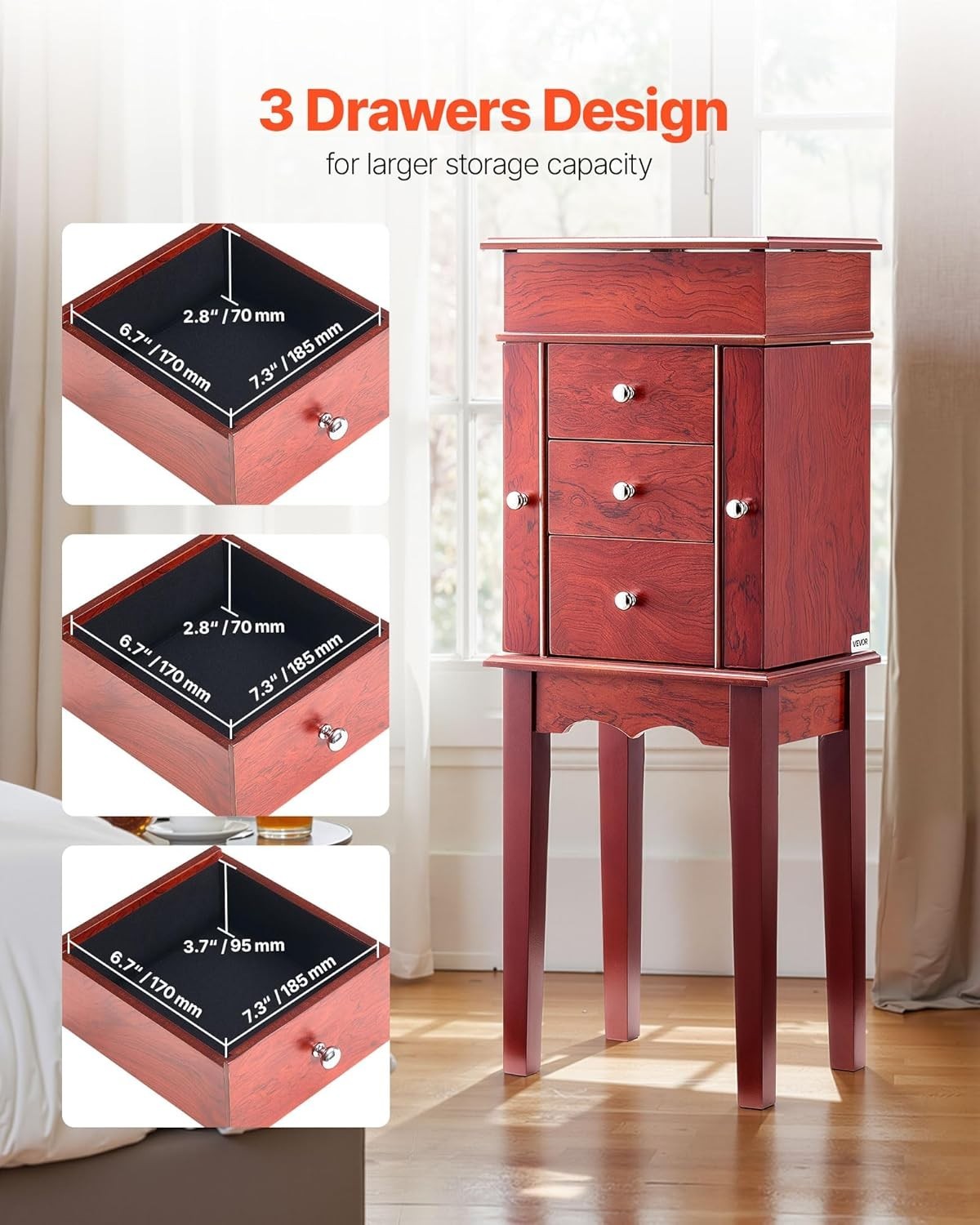Standing Wood Jewellery Armoire with Drawers Flip Top Mirror Storage