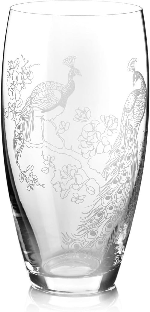 Crystal Glass Flower Vase 26cm Tall Etched Peacock Barrel Home Décor
