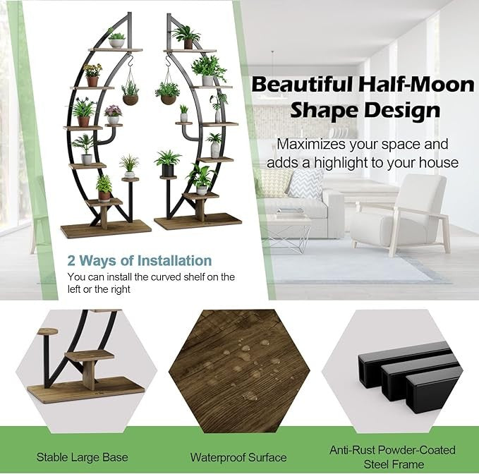 8 Tier Curved Metal Plant Stand Indoor Outdoor Half Moon Flower Shelf Display