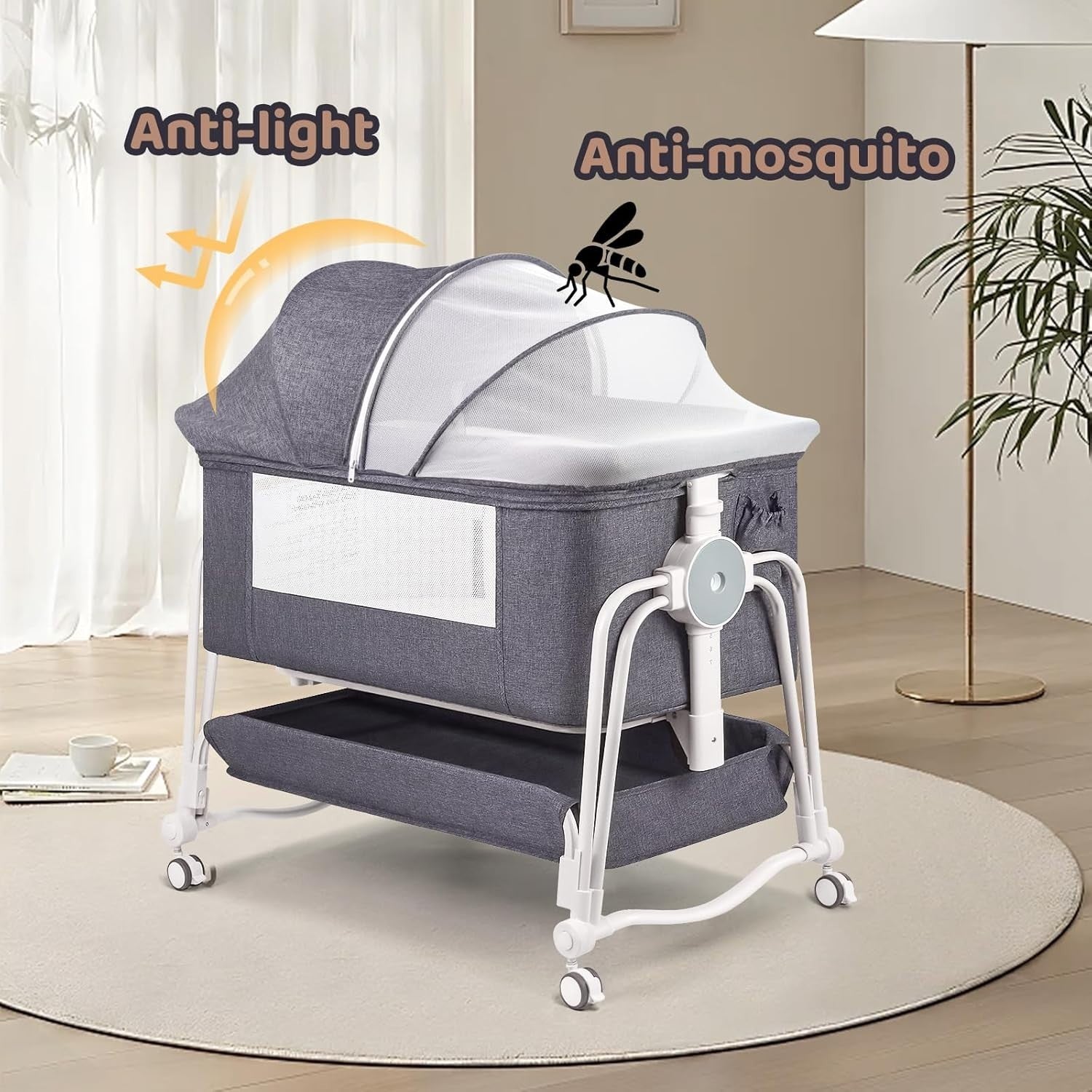4 in 1 Baby Crib Bedside Cot with Wheels, Mosquito Net & Mattress Grey