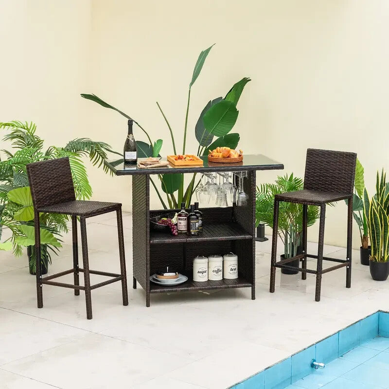 3-Pc Rattan Bar Table & Stools Set – Counter-Height Glass Top Patio Bistro