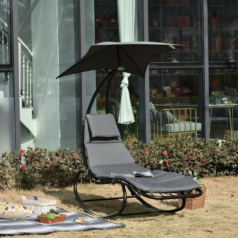 Garden Rocking Sun Lounger Chair with Cushion Pillow & Canopy Shade