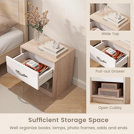 Modern Wooden Bedside Table with Drawer & Open Shelf, Small Nightstand
