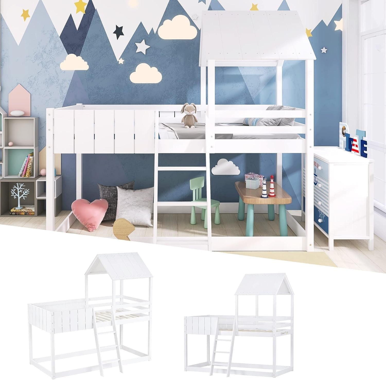 White Wooden Bunk Bed with Ladder, Guard Rail & Treehouse Mid Sleeper 3FT