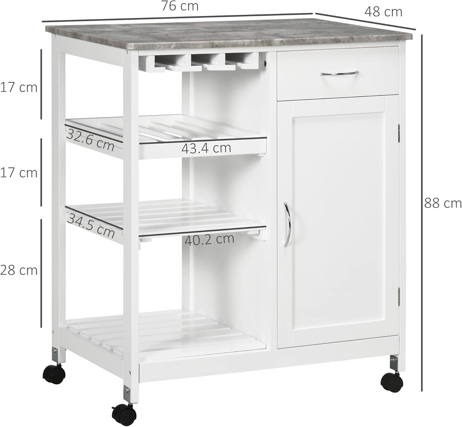 Compact Kitchen Trolley on Wheels w/ Wine Rack Cabinet