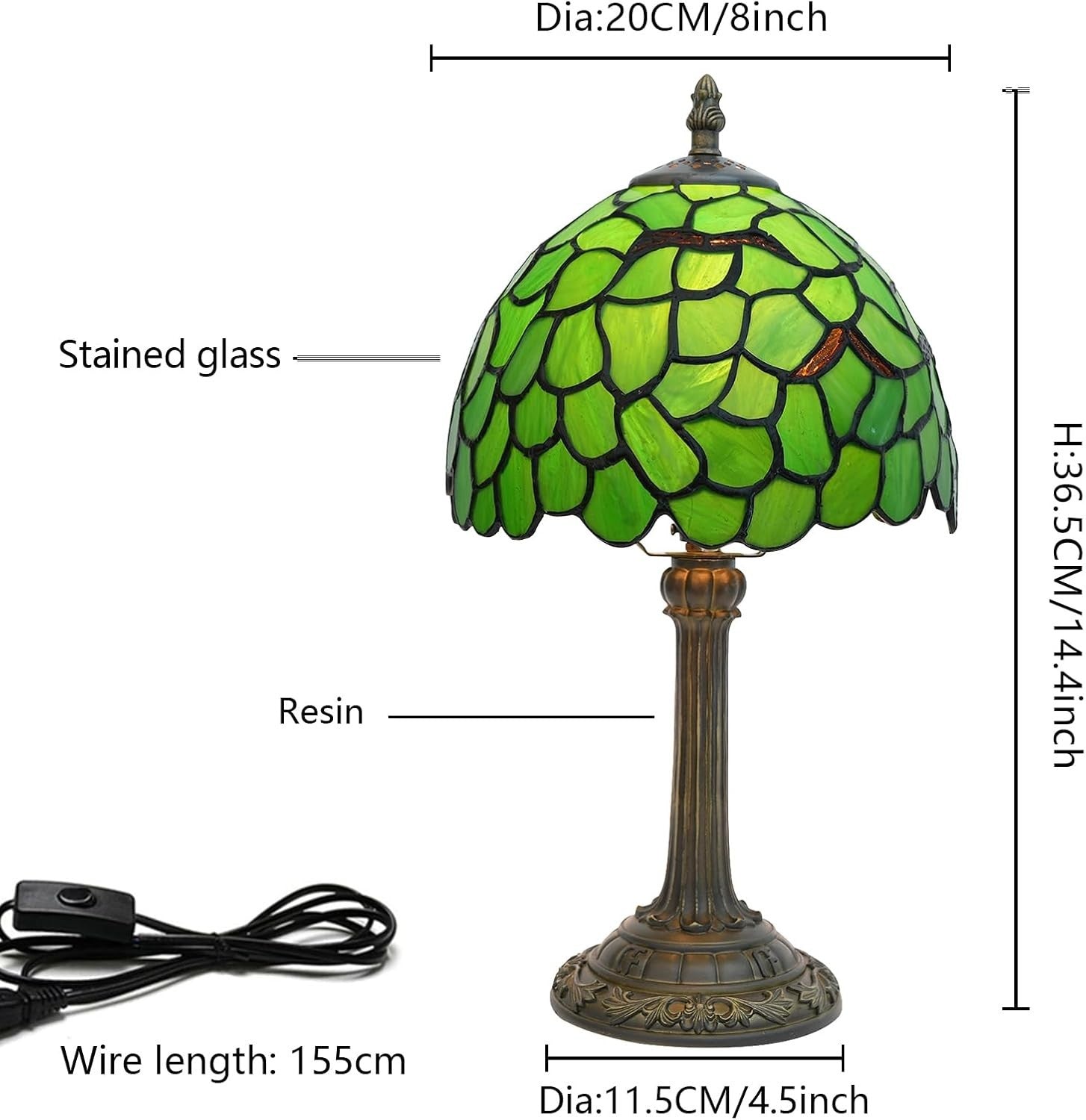 Stained Glass Tiffany Table Lamp Green Leaf 8x14 Inch Desk Light