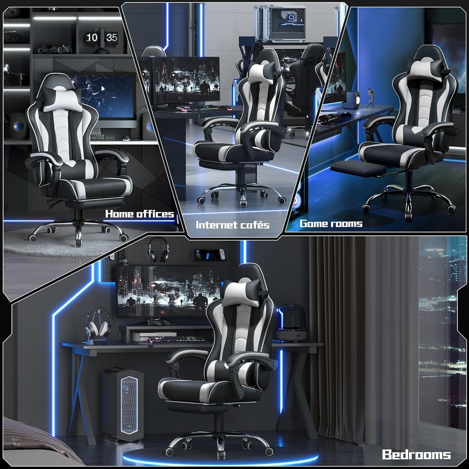 Ergonomic Gaming Chair Recliner w/ Footrest Massage Lumbar