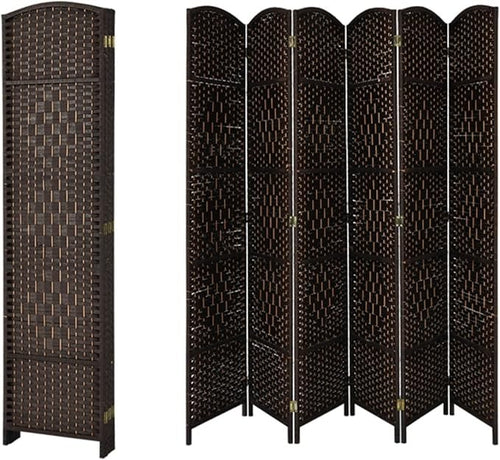 6 Panel Folding Room Divider – Brown Woven Privacy Screen for Bedroom