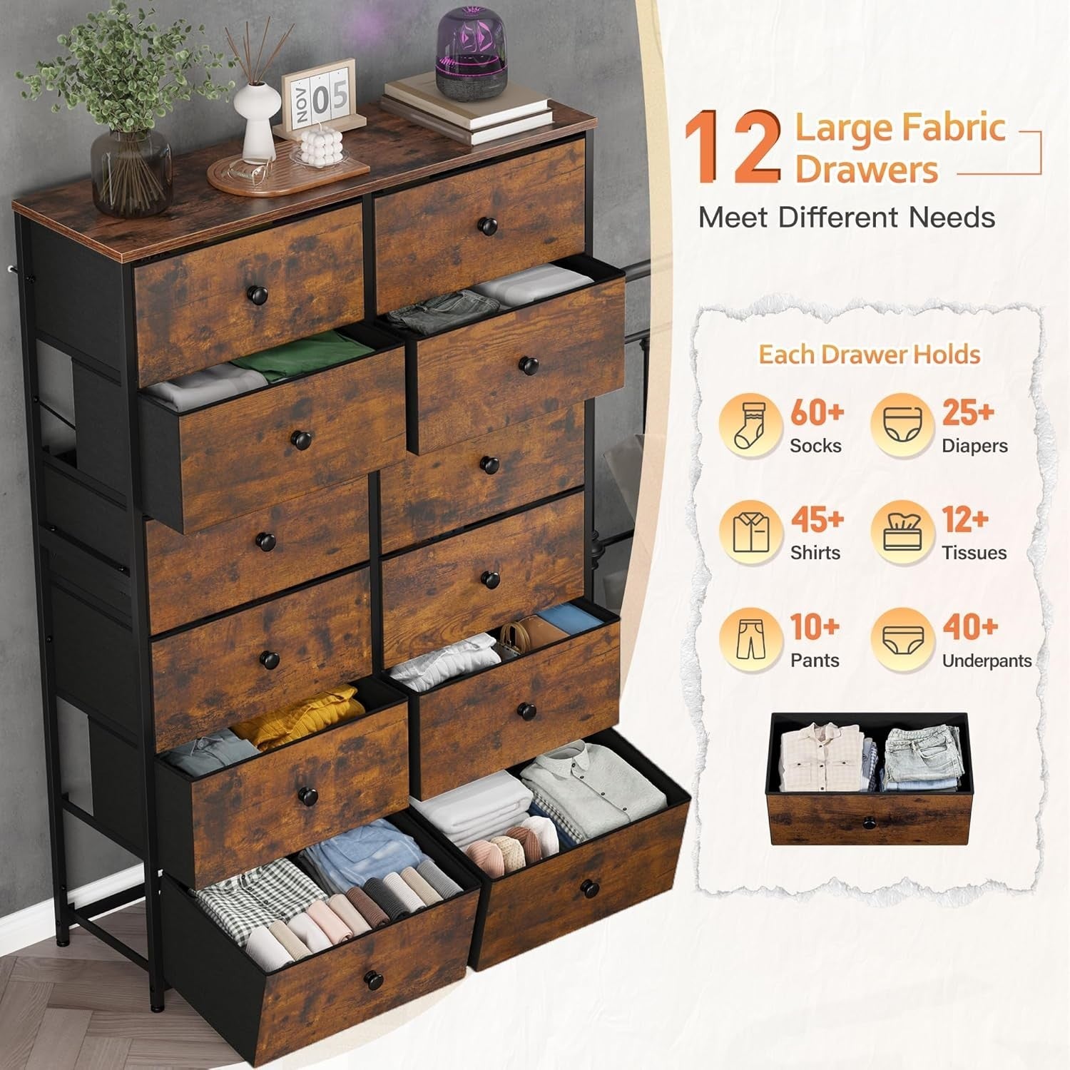 Tall 12 Drawer Chest Rustic Brown Fabric Storage Unit Metal Wood Frame