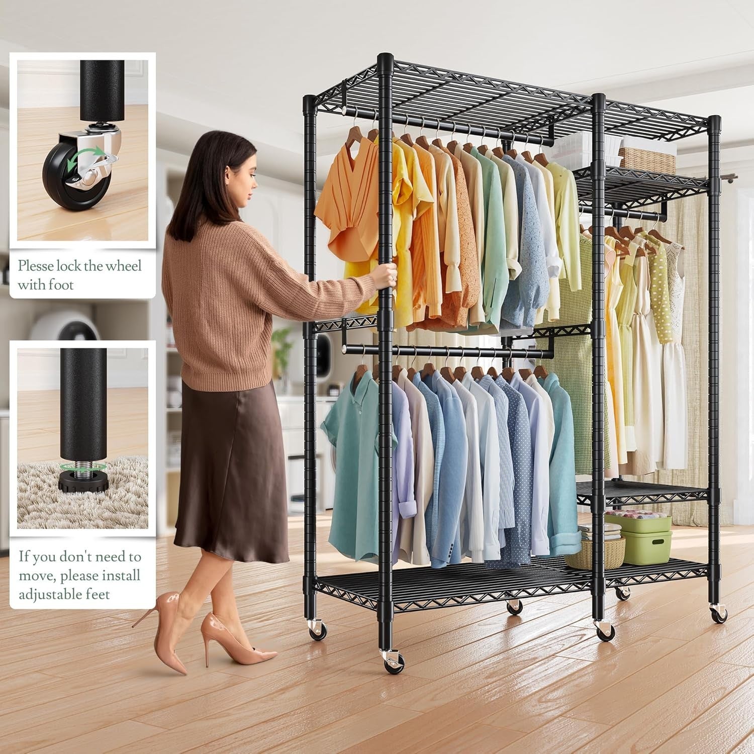 Heavy Duty Clothes Rail with Wheels & Adjustable Shelves – Black