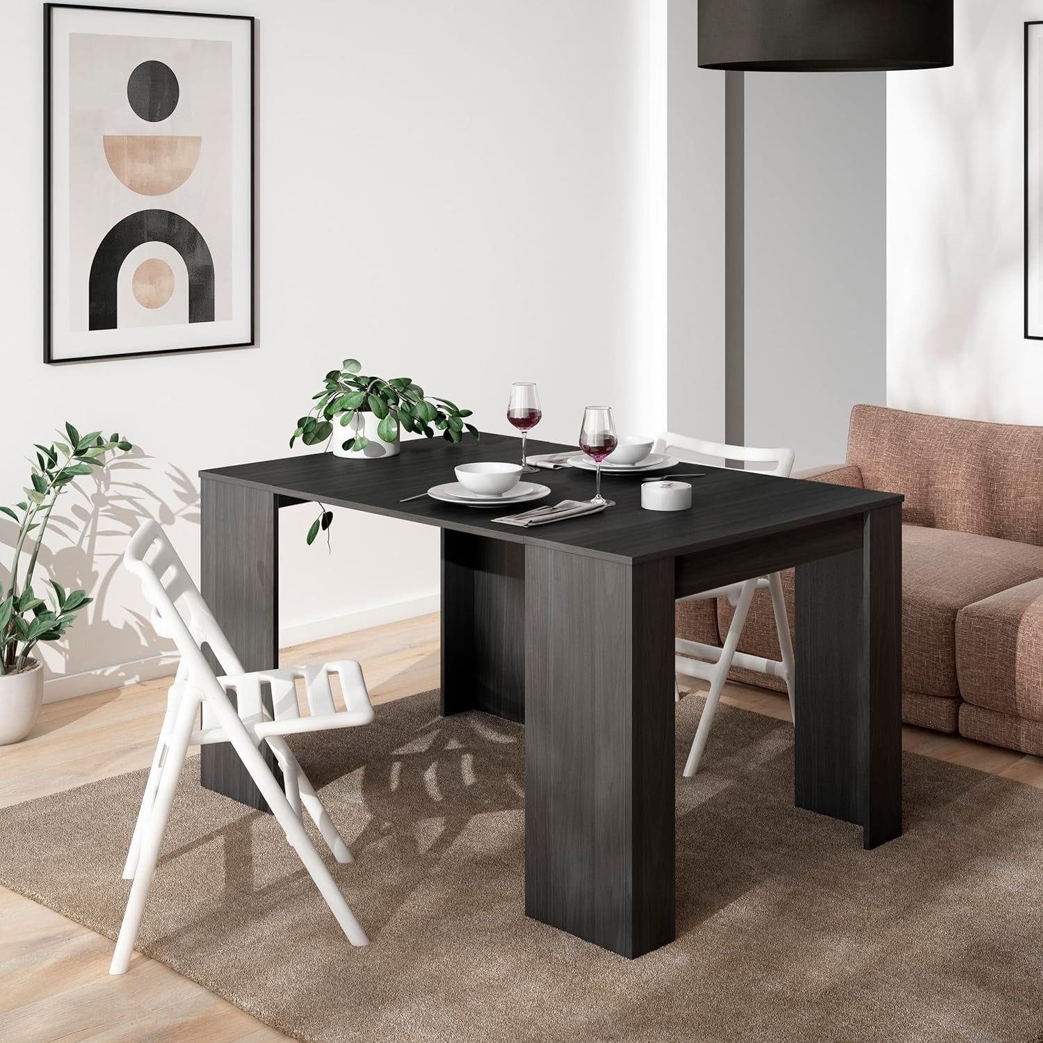 Extendable Folding Dining Table Console Modern Black for 6 Diners