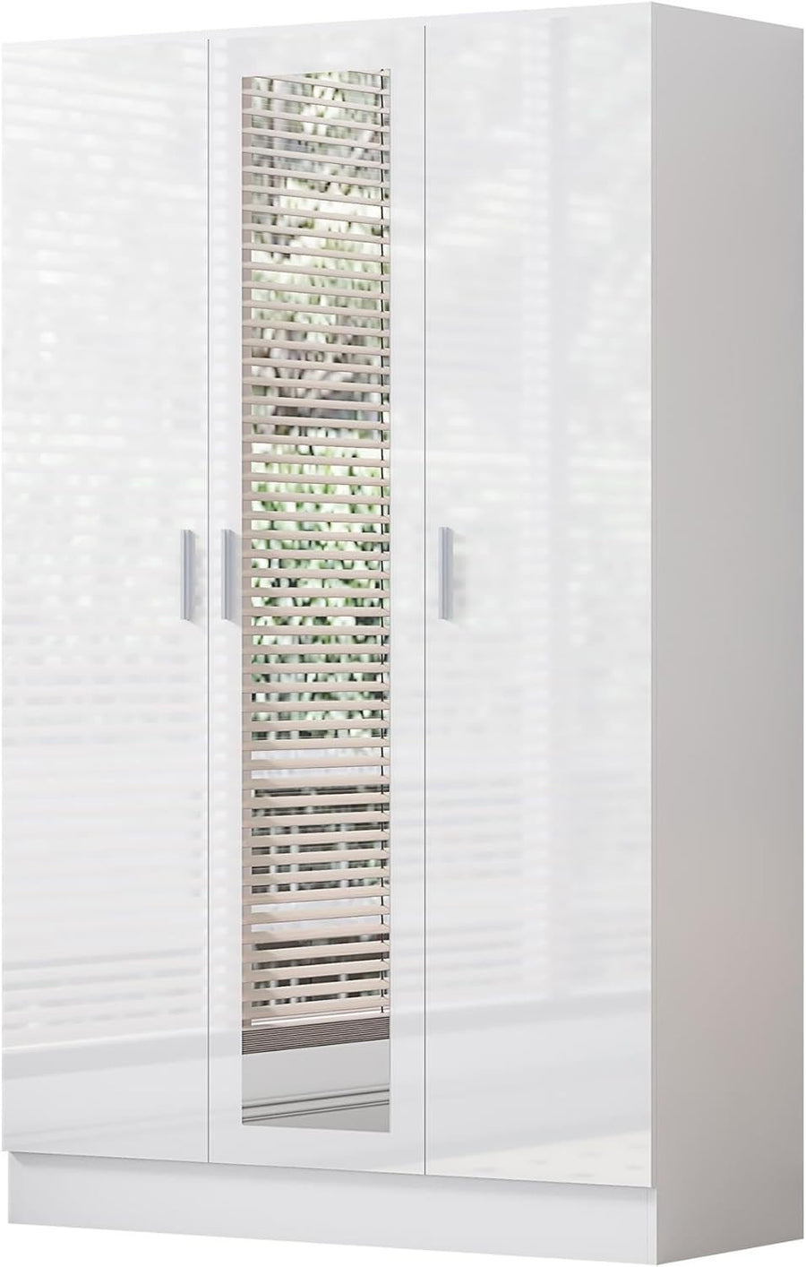 3 Door Mirrored Wardrobe White Gloss with Hanging Rail & 4 Shelves Storage