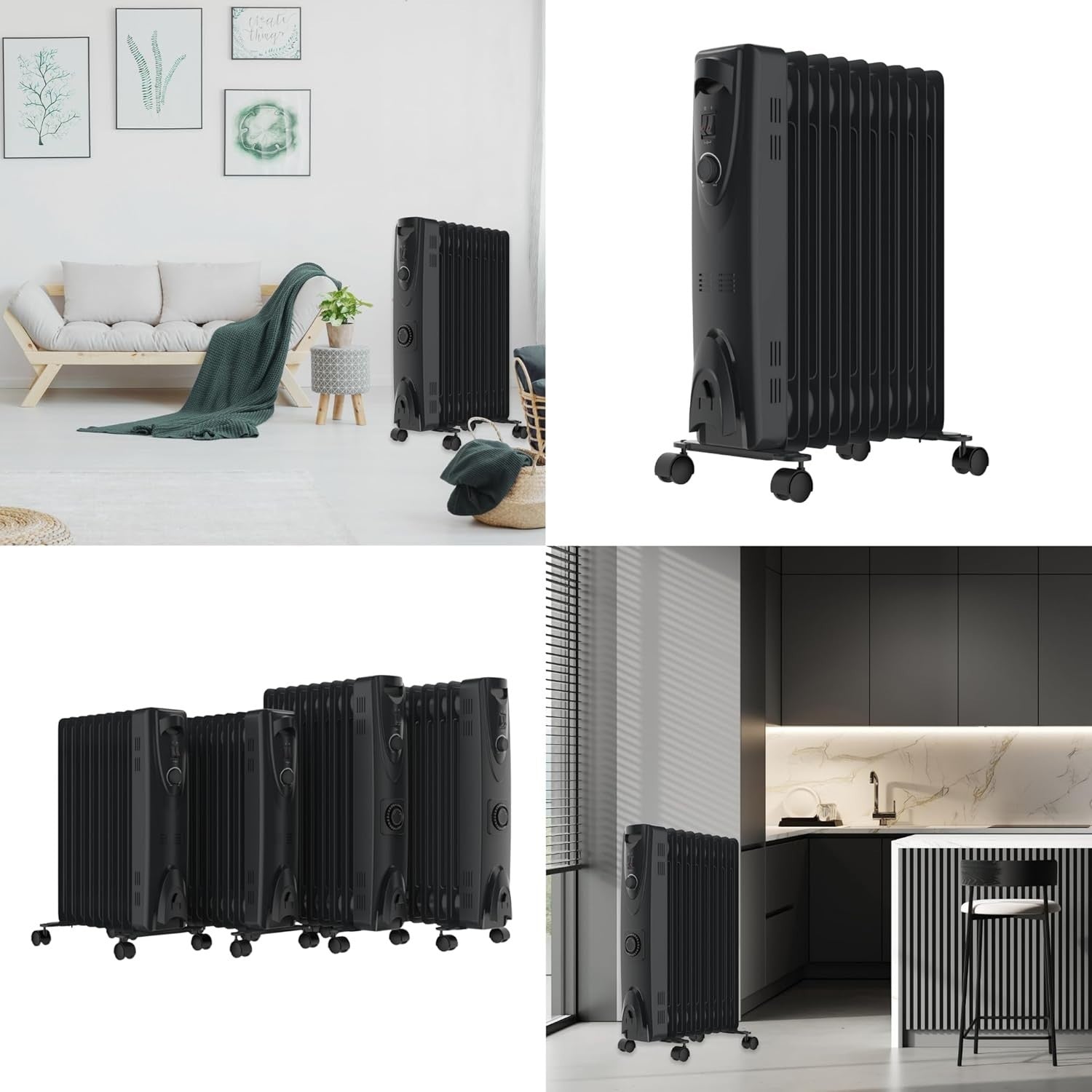 2500W Oil Filled Radiator Heater Portable Electric 3 Heat Settings Thermostat