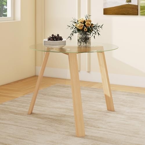 Round Glass Dining Table 90cm Natural Rubber Wood Frame Modern