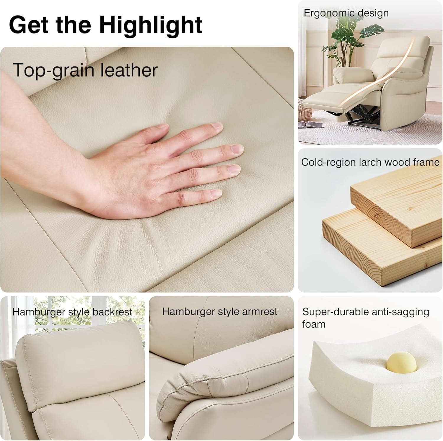 Genuine Leather Recliner Chair Biege, Ergonomic Living Room Sofa