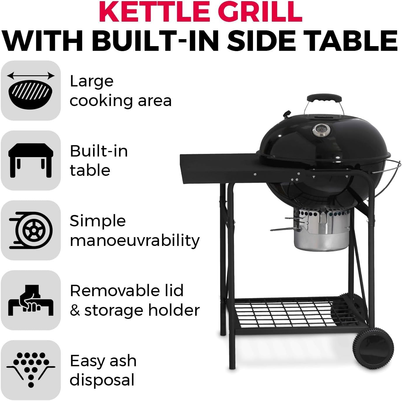 Charcoal BBQ Grill with Side Table & Thermometer – Portable Garden Barbecue