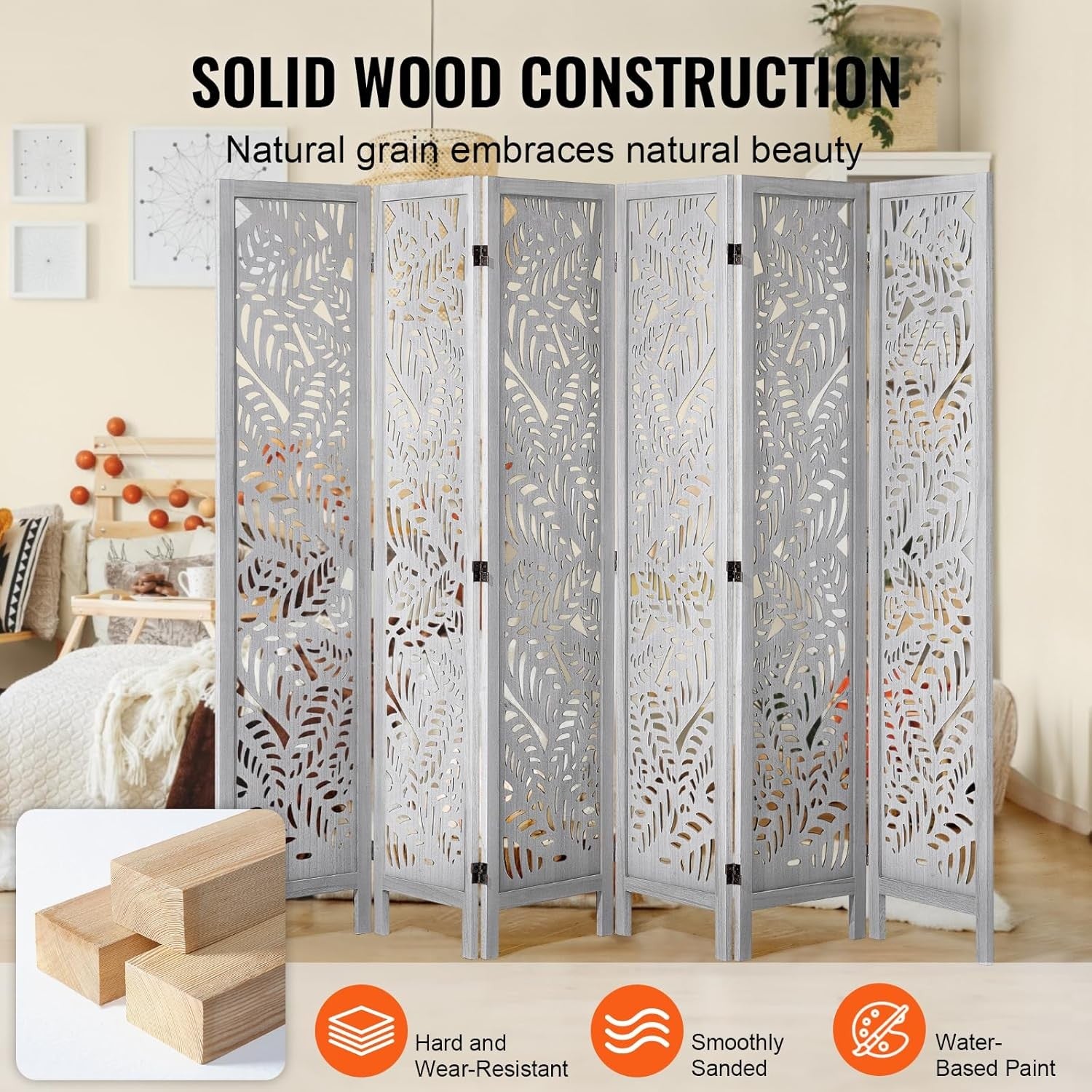 6 Panel White Folding Room Divider Carved Wood Privacy Screen 242x171cm
