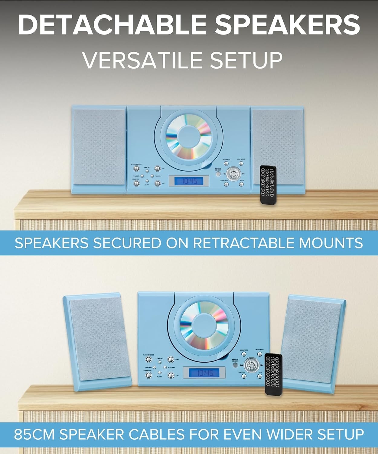 Wall Mount CD Player Stereo System USB MP3 FM Radio Alarm Remote Control Blue