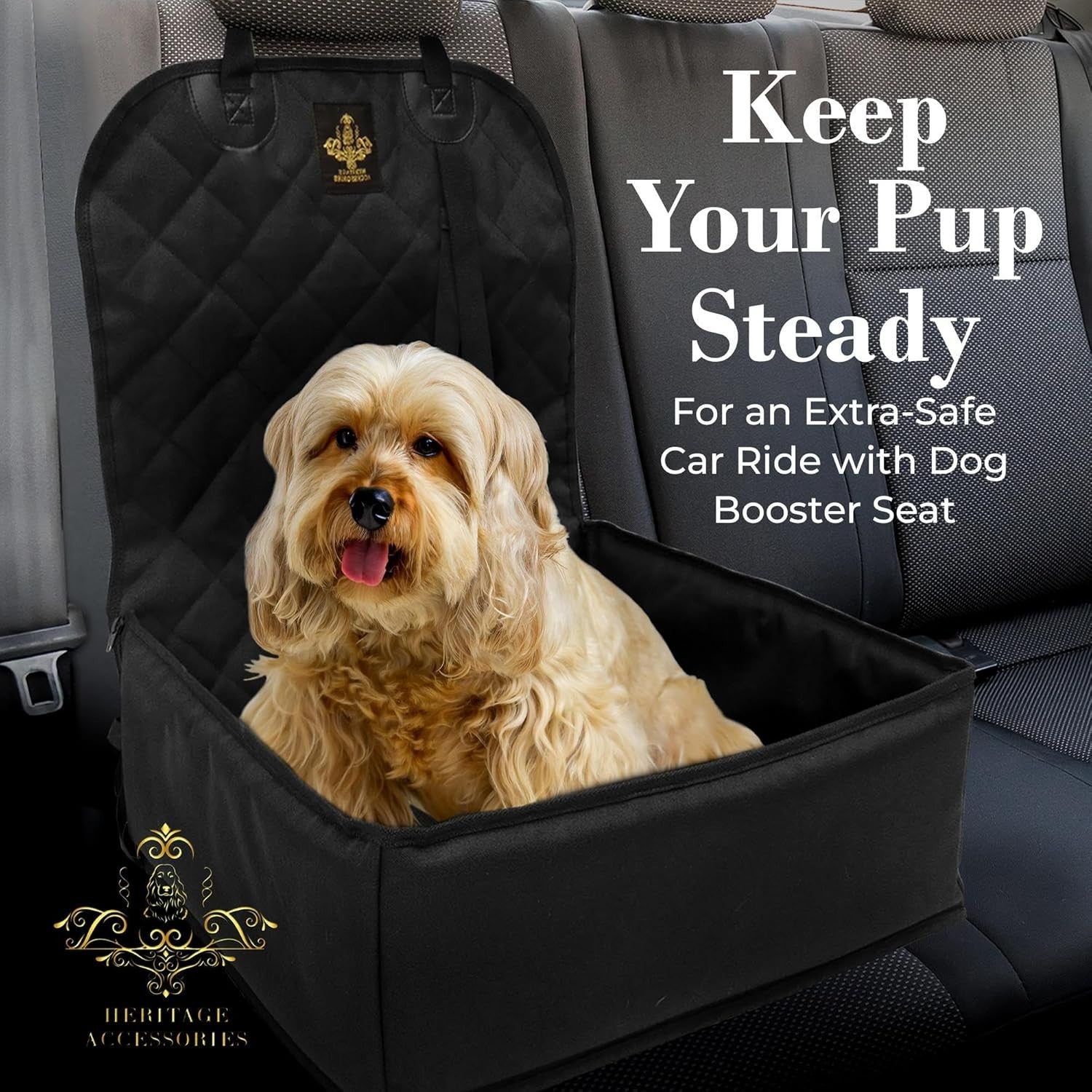 Waterproof Dog Booster Car Seat 2 Safety Belts Travel Bed Black
