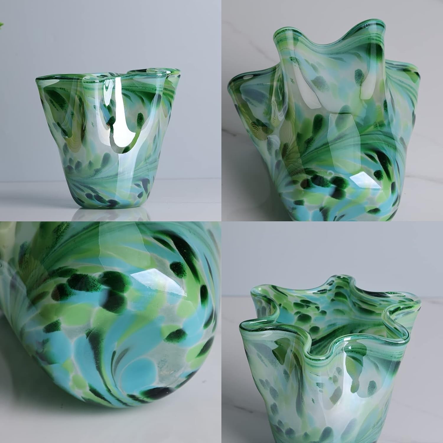 Hand Blown Teal Glass Vase Modern Irregular Wide Mouth Art Home Decor