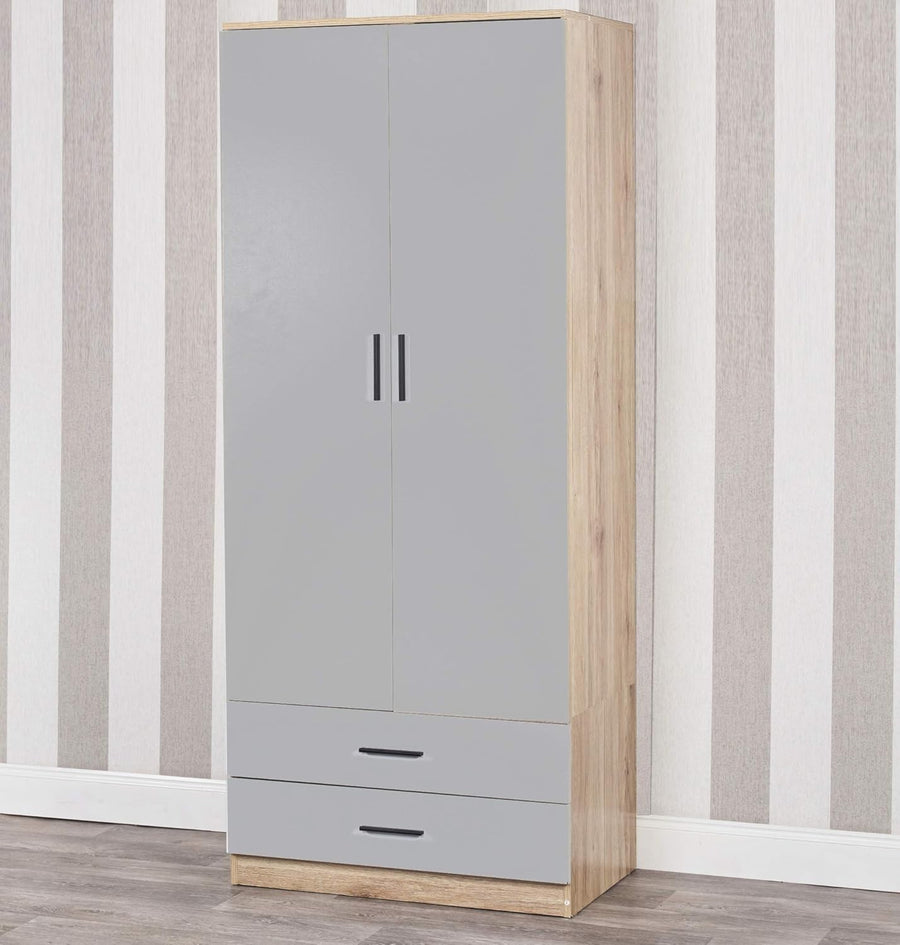 Tall Oak 2 Door Grey Wardrobe with Drawers | Modern Bedroom Clothes Storage