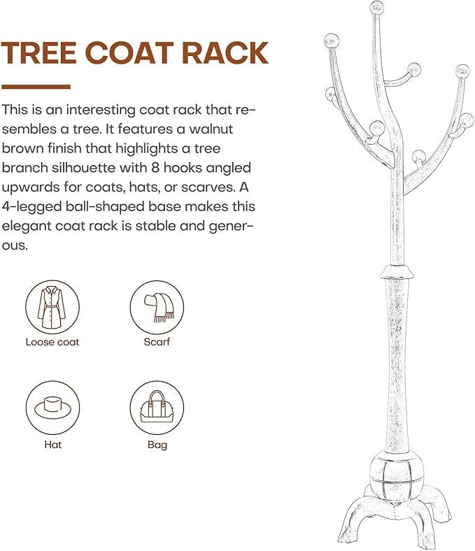 Solid Wood Coat Rack 180cm Tree Design Stand with 8 Hooks Light Brown