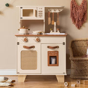 Wooden Kids Play Kitchen w/ Ice Dispenser Vintage Cream Toy