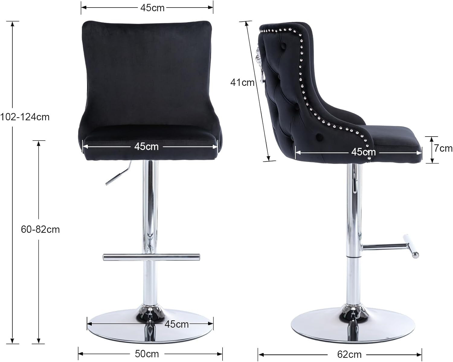 Luxury Velvet Bar Stools Set of 2 | Black Swivel Counter Chairs w/ Lion Detail