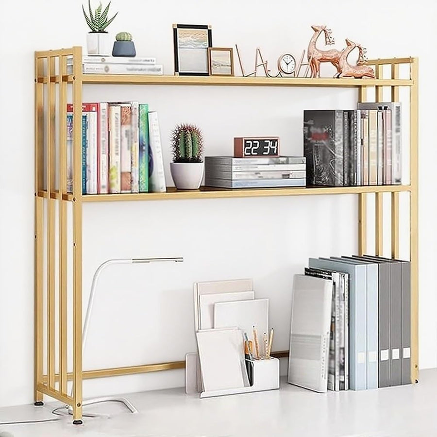 2-Tier Metal Desk Hutch Monitor Stand | Adjustable Gold Desktop Shelf 95×26×90cm