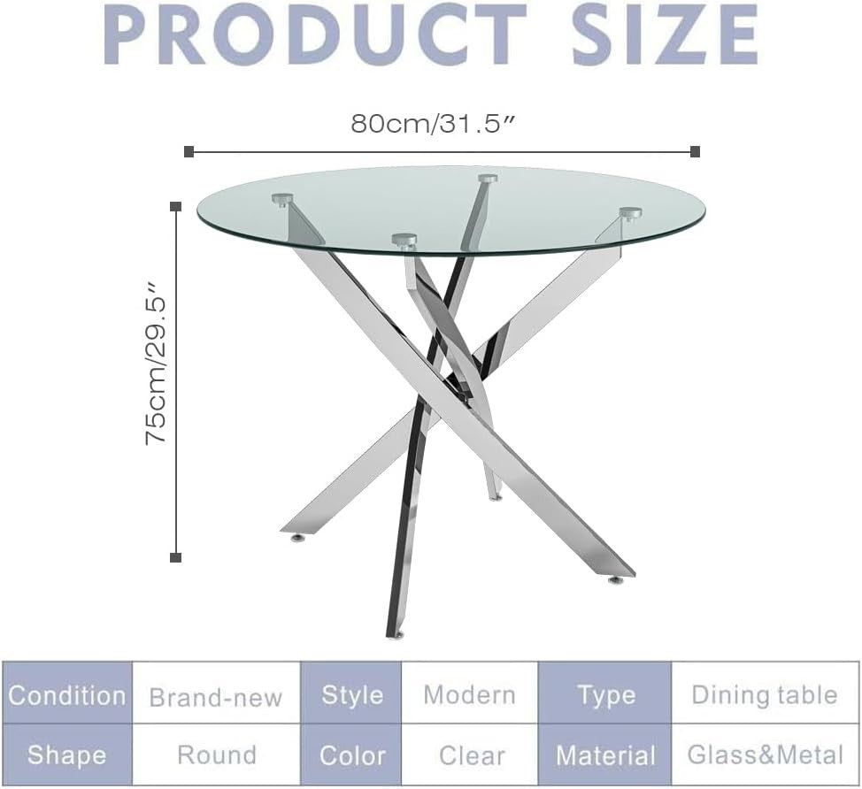 Round Glass Dining Table 80cm Silver Metal Legs Modern Kitchen Table