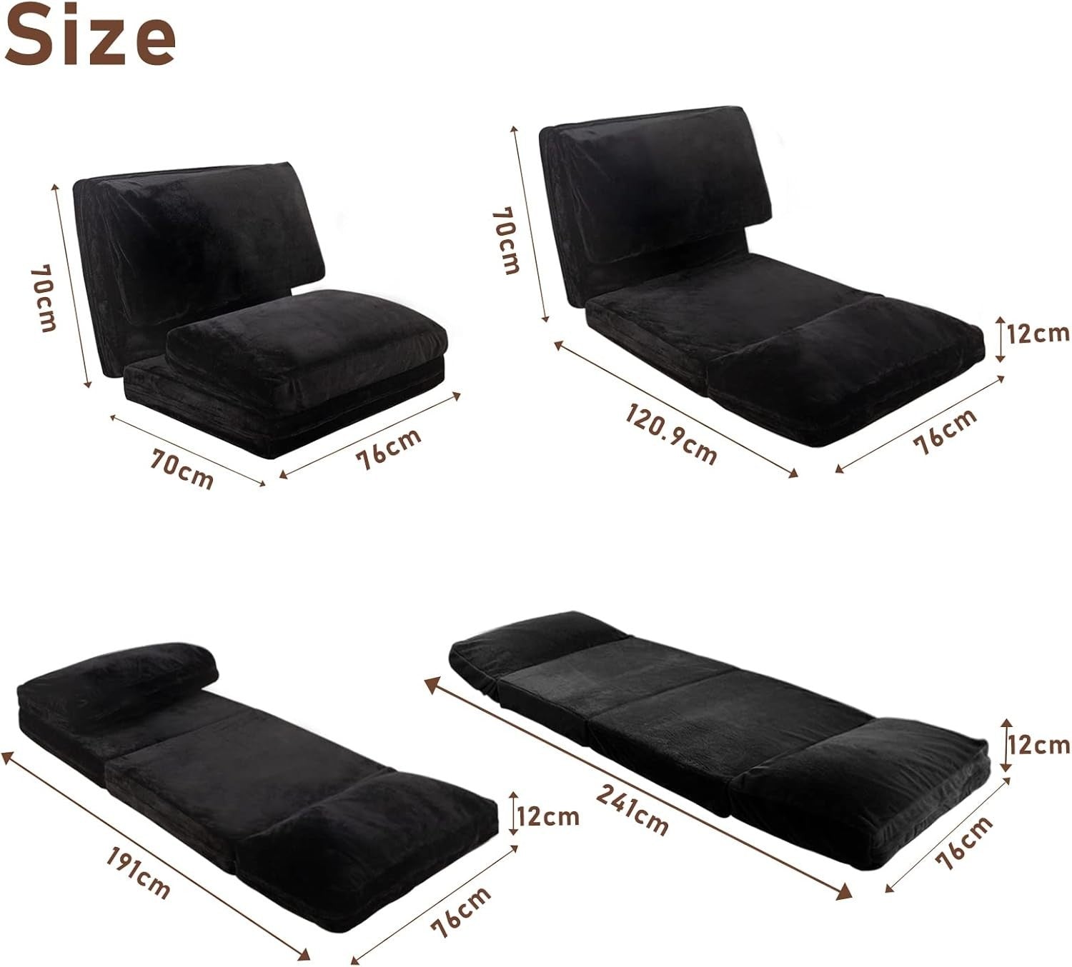 Charcoal 4 Fold Floor Sofa Bed Chair 75x240cm Plush Foam Washable Cover