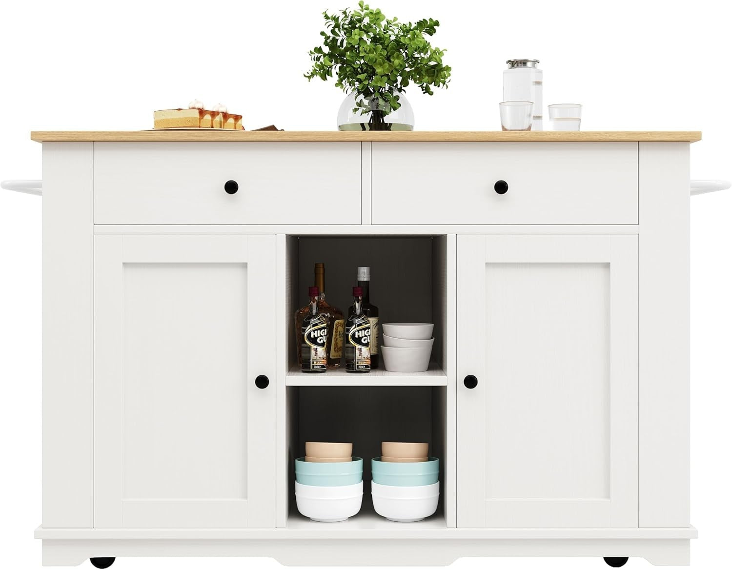 Kitchen Island Trolley with Foldable Side & Drawers White 151.5x84.7x91.7cm