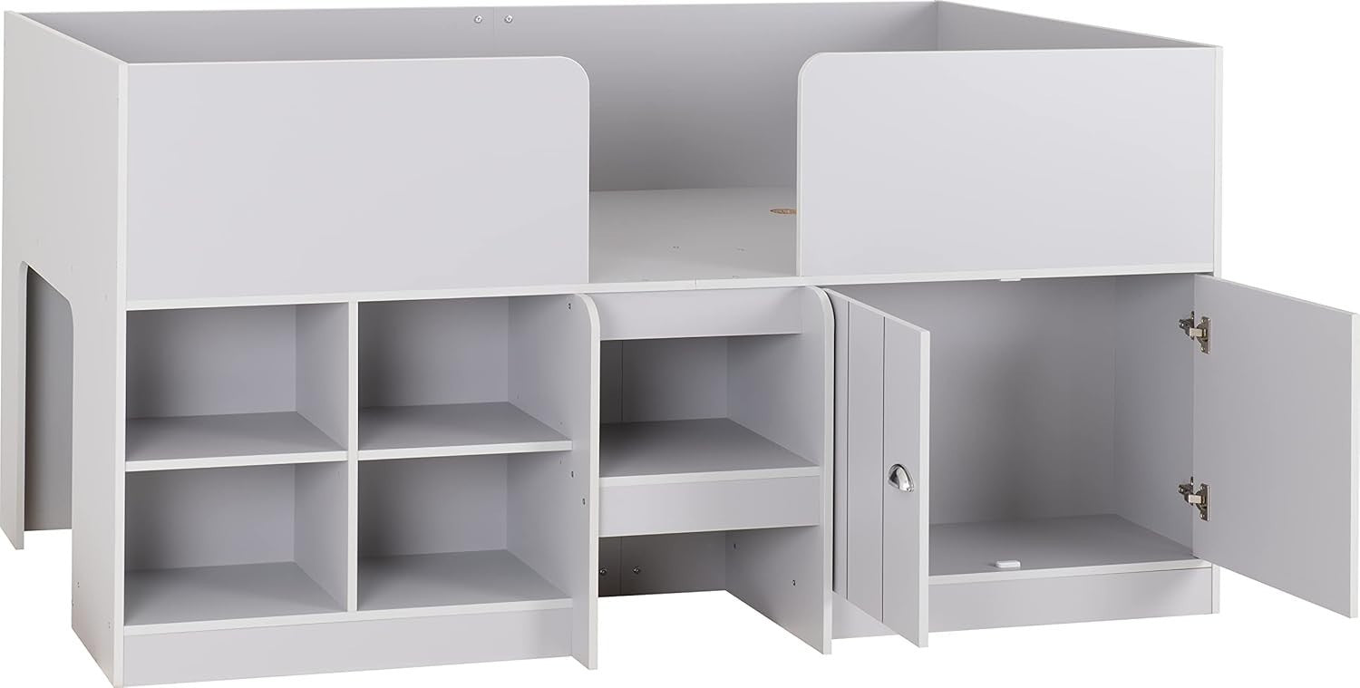 Kids Single Low Sleeper Bed with Storage Cupboards Shelves Grey 3ft