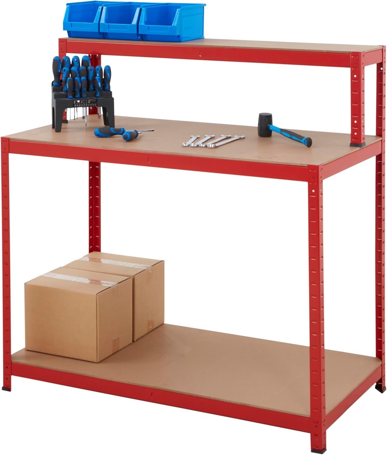 Heavy Duty Red Garage Workbench 600kg Capacity with Upper & Lower Shelves 120cm