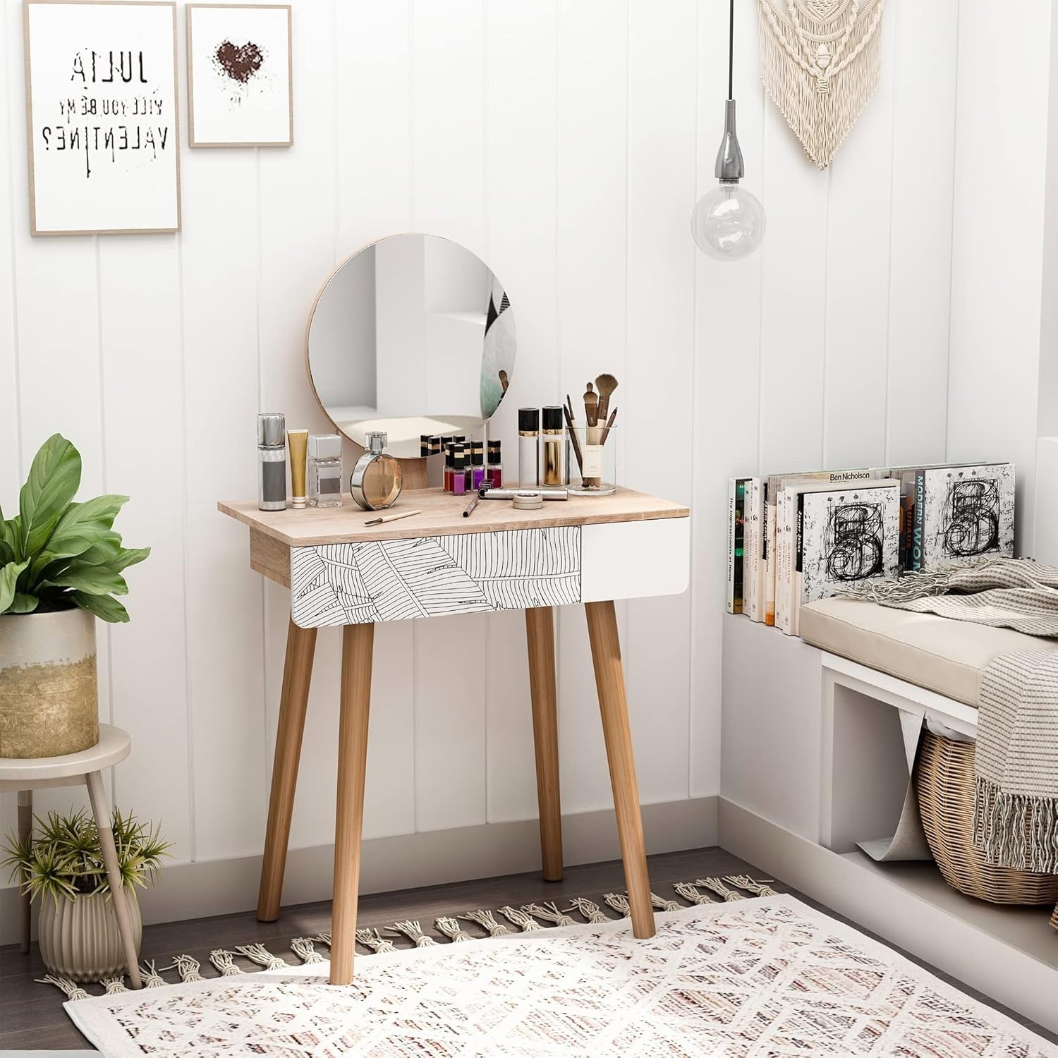 White Oak Small Vanity Dressing Table with Adjustable Mirror & Drawer Storage