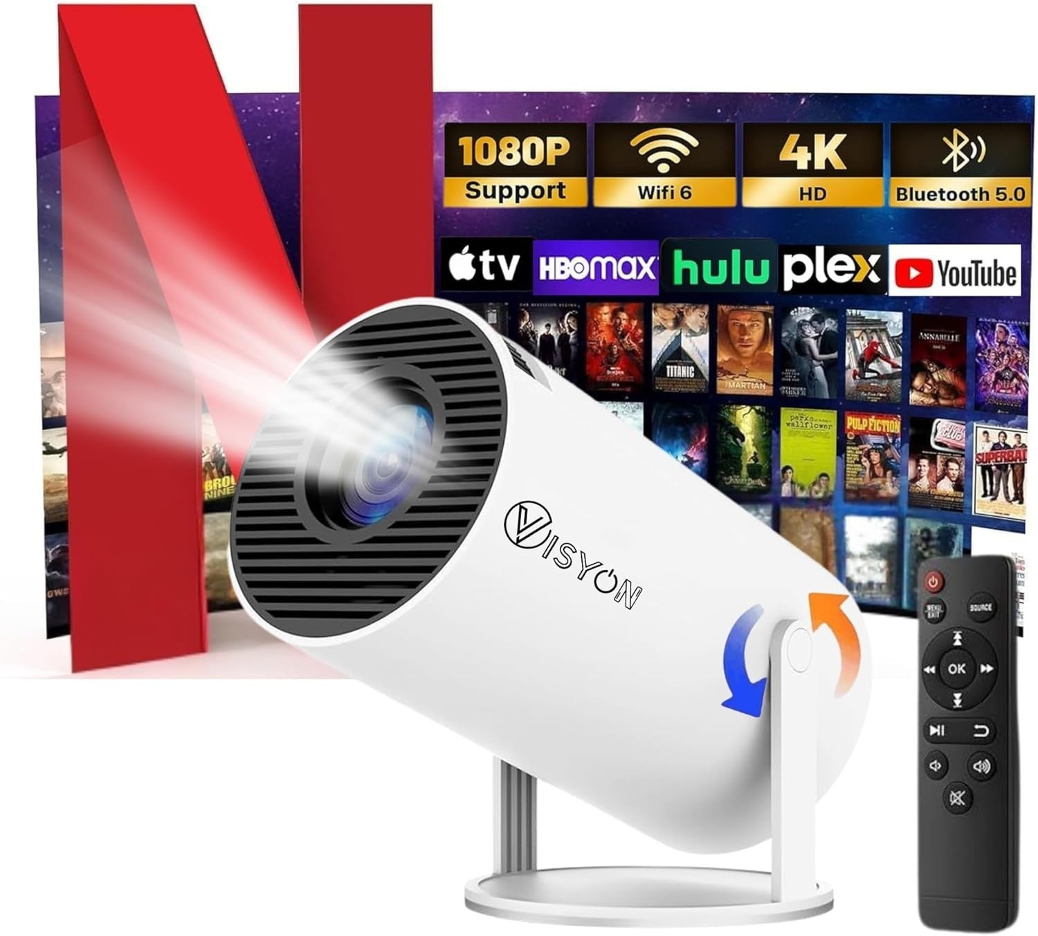 1080P WiFi Android Smart Projector 12000 Lumens 4K Support Portable