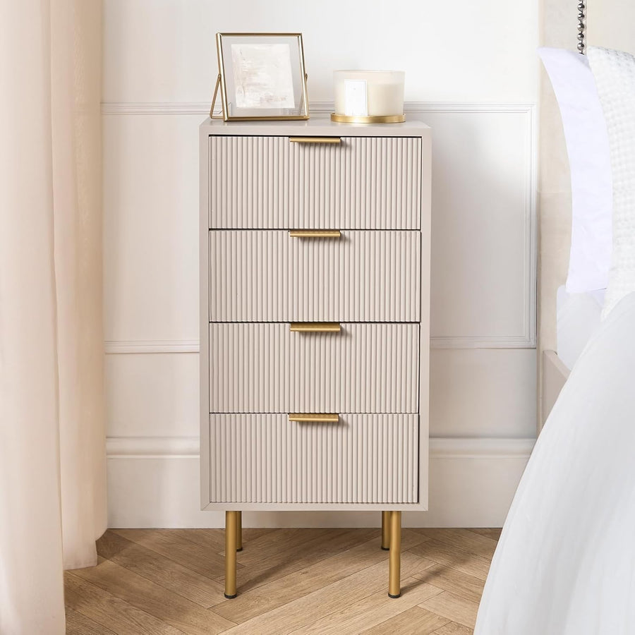 Modern Beige 4 Drawer Bedside Table | Tall Ribbed Nightstand with Gold Legs